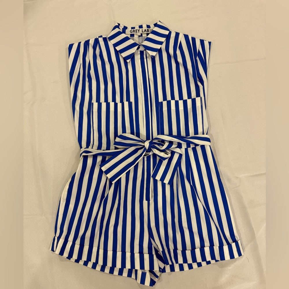 GREY LAB Blue and White Vertical Stripe Tie-Waist Romper